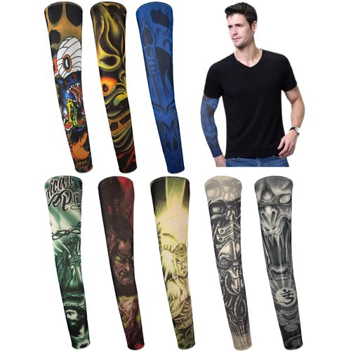 iToolai Temporary Tattoo Sleeves for Men, 8 pcs Set UV Protection Cooling Tattoo Arm Sleeves Slip on(Monster Designs)