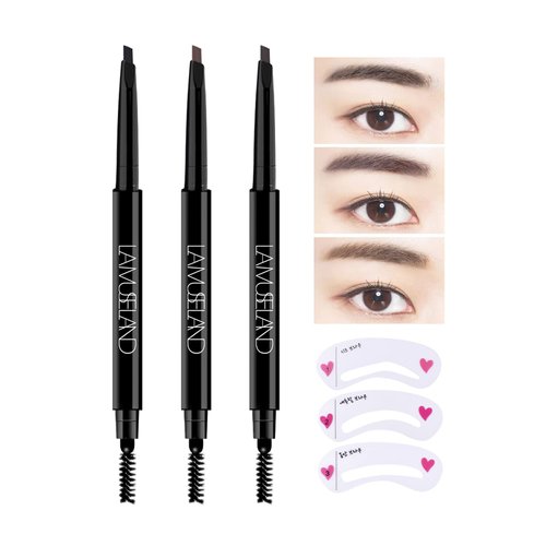 LAMUSELAND 3 Pcs/Set Eyebrow Pencil, Professional Make Up Definer Pen, Rotary Retractable Triangular Tip Eyebrow Pencil With Spoolie Brush, Waterproof Long-lasting Eye Brow Pencil, Easy Create Natural Eyebrow Makeup, with Eyebrow Card (01#Black & 02#Brown