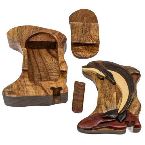 Leaping Dolphin - Wood Intarsia Puzzle Box - Handcrafted with Secret Compartment