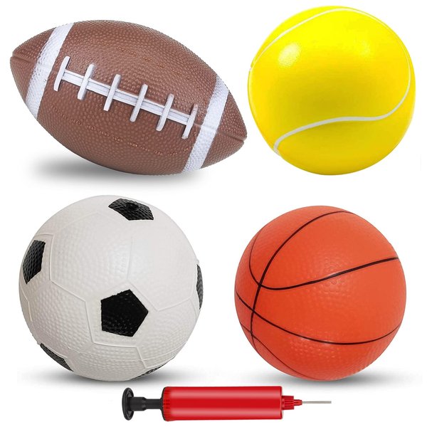 Hymaz Sports Ball for Kids Todder Toys Balls with Air Pump, 4 Pack Ball Toy Set Includes Soccer Balls, Basketball, Tennis Ball, Rugby Ball, Indoor Outdoor Toddler Sports Toys Gifts