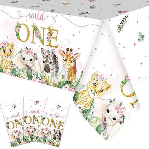 Newwiee 3 Pack Wild One Party Decor Wild Birthday Tablecloths Jungle Theme Party Supplies Wild Animal Table Cover Rectangle Table Cloth for 1st Baby Birthday Animal Safari Party Decorations (Pink)