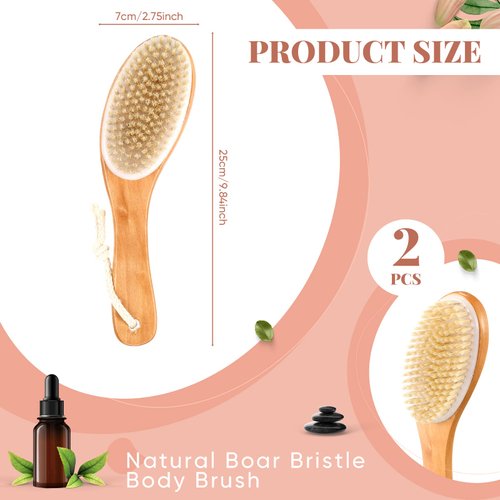2 Pcs Dry Brushing Body Brush Natural Boar Bristle Body Brush Dry Skin Scrub Brushes with Contoured Wooden Dry Brushes for Back Legs Feet Exfoliates Dead Skin