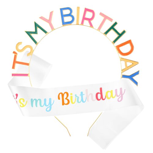 WY LIGHTING LEVEL Rainbow Happy Birthday Headband It's My Birthday Tiara Sash Crown Headpiece Set Princess Birthday Crown Decorations Women for Girl Halloween Christmas Party Accessories