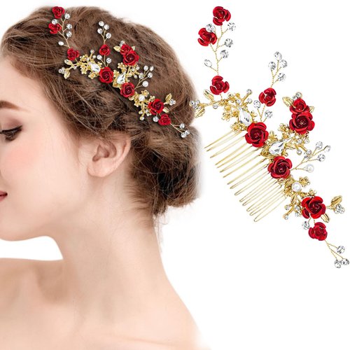 Red Flower Hair Comb Gold Rose Crystal Bridal Side Combs Floral Rhinestone Pearl Combs Vintage Decorative Crystal Emerald Headpiece Wedding Sparkly Hair Accessory for Women
