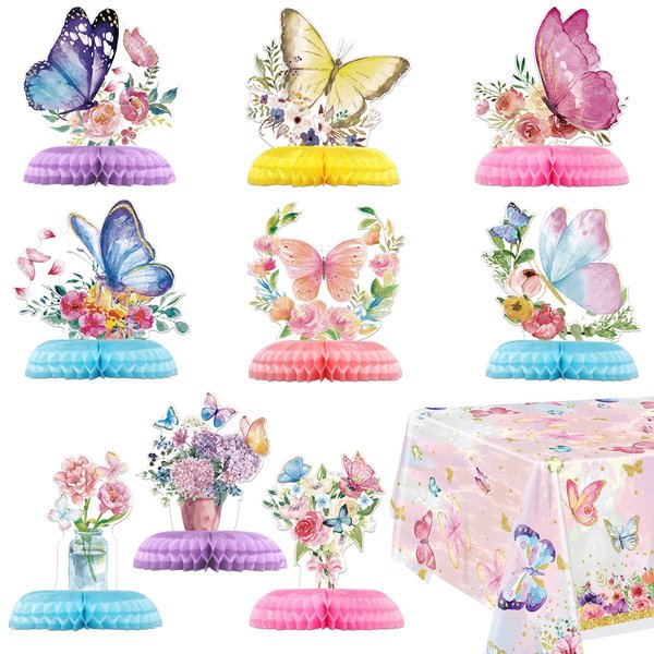 PIXHOTUL Butterfly Centerpieces for Tables - 9 PCS Butterfly Honeycomb Table Centerpieces, 1 PC Butterfly Tablecloth Butterfly Party Decorations for Girl Birthday Baby Shower