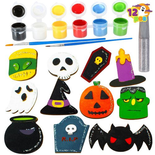 JOYIN 12 pcs Halloween Wooden Painting Crafts Kit, Creativity Painting Kit Includes 2 Color Pens for Kids Paint Gift, Family Activities Party Favor Supplies, Halloween Decoration