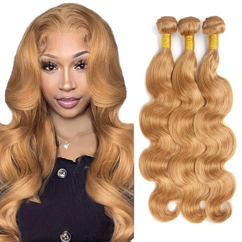 Color 27 Body Wave Bundles Blonde Human Hair Bundles Brazilian Virgin Remy Hair Extensions 3 Bundles 18 18 18 inch Honey Blonde Human Hair Bundlees Weave Blonde Body Wave Bundles
