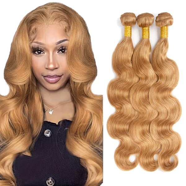 Color 27 Body Wave Bundles Blonde Human Hair Bundles Brazilian Virgin Remy Hair Extensions 3 Bundles 18 18 18 inch Honey Blonde Human Hair Bundlees Weave Blonde Body Wave Bundles