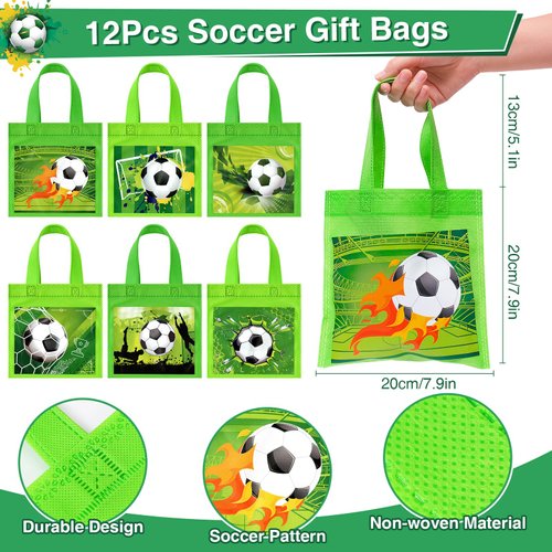 Winrayk 12 Set Soccer Party Favors Sports Birthday Supplies Kids, Non Woven Gift Bags Slap Bracelet Keychain Tattoo Sticker Boys Gift Toy Soccer Pinata Filler Goodie Bag Stuffers Soccer Party Supplies