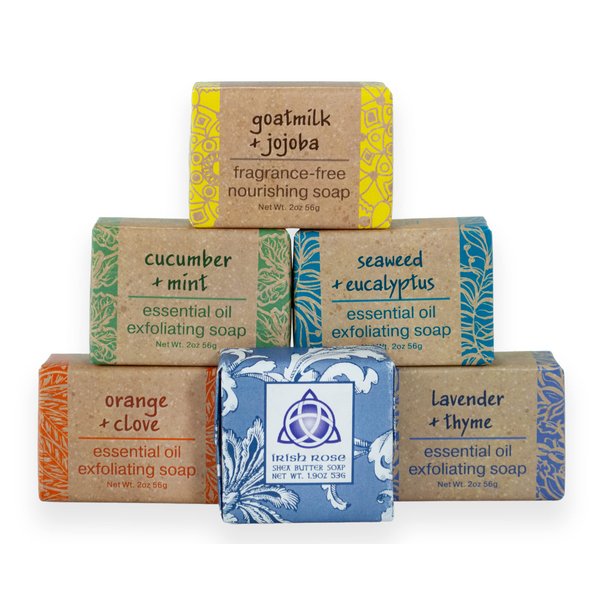 Stress Relief Custom Soap Sampler- Set of 6- Enriched with Shea Butter, Cocoa Butter and Essential Oils- Lavender Thyme, Orange Clove, Seaweed Eucalyptus, Cucumber Mint, Goat Milk and Custom Scent