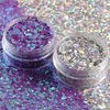 Silver and Magic Purple Holographic Chunky Glitter Cosmetic Body Hair Face Eye Nail for Festival Carnival Concert Beauty Rave Accessories Different Shapes 4 Pots 32g/1.12oz+ Quick Dry Primer Glue Gel