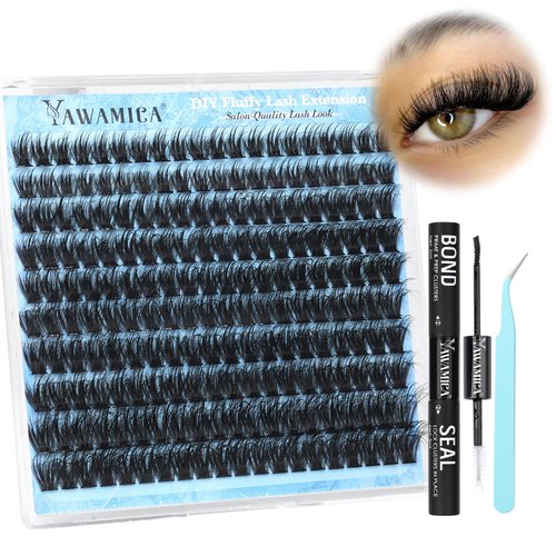 Yawamica Eyelash Extension Kit Fluffy Lash Clusters 60D Volume Individual Lashes 10-16mm Lash Extension Kit Wispy Eyelash Clusters D Curl Cluster Lashes with Bond and Seal Lash Tweezers DIY Lash Kit
