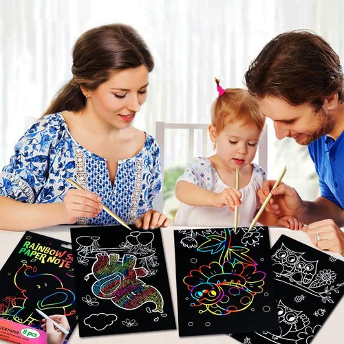 JUNQIU Scratch Art for Kids, Rainbow Scratch Paper Art Set - Animals, Arts and Crafts for Kids Ages 4-8 Girls Boys, Kids Activity & Christmas Crafts, Stocking Stuffers for Kids