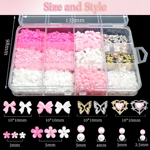 BELICEY 1000PCS Flowers Nail Charms 3D Alloy Butterfly Bow Nail Charms Pink&White Star Heart Moon Pearls Beads Nail Charms Cute Nail Jewels for Nail Art DIY Crafts with Picker Pencil and Tweezer