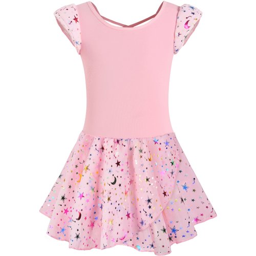DANSHOW Ballet Leotards for Girls Dance Skirted Leotard Kids Ballet Tutu Dress Toddler Shiny Ruffle Sleeve Dancewear(40431-08-M)