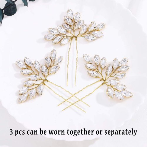 Yokawe Bridal Wedding Hair Pins Gold Rhinestone Bride Hairpin Crystal Hair Accessories for Women and Girls (Pack of 3)