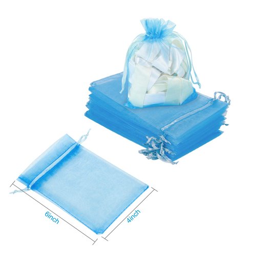 WenTao 100Pcs Premium Sheer Drawstring Organza Bags, 4 x 6 Inch (10x15cm) Pouches Candy Jewelry Party Wedding Favor Gift Bags Blue