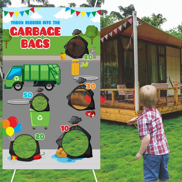 Bags Garbage Truck Trash Trucks Toss Games Banner Backdrop Waste Management Recycling Bin Throw Rubbish into the Garbage Theme Decor Decorations for Boy Girl Birthday Party Baby Shower Supplies Gift