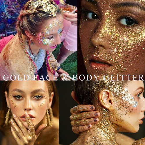 Paminify Gold Face Glitter Gel,Halloween Singer Concerts Music Festival Rave Accessories,Yellow Body Glitter Hair Sequins Face Glitter Paint Makeup,Mardi Gras Sparkling Chunky Glitter for Women,50ML