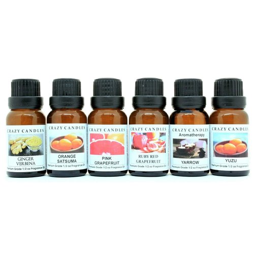 Crazy Candles 6 Bottles Set, 1 Ginger Verbena, 1 Orange Satsuma, 1 Pink Grapefruit, 1 Ruby Red Grapefruit, 1 Yarrow, 1 Yuzu 1/2 Fl Oz Each (15ml) Premium Fragrance Oils