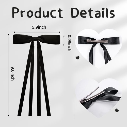 NYXXZ Hair Bow Clips for Girls, 4 Pcs Ribbon Bowknot Tassel Long Tail Hair Clips, Black Hair Bow, Women's Hair Clip Ribbon Hair Ties Barrettes Hair Pins Accessories
