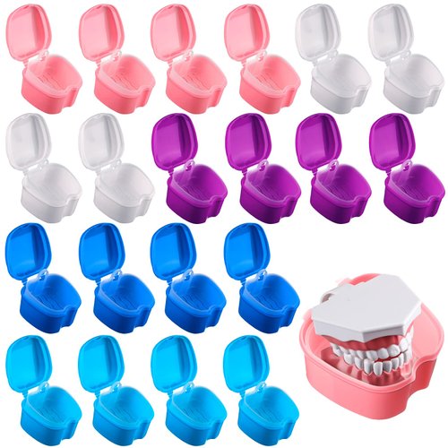 Zubebe 20 Pcs Denture Bath Denture Retainer Case Bulk Denture Holder with Strainer Basket Dental Cup Denture Soaking Container False Teeth Storage Box for Travel Cleaning Brace Mouth Guard, 5 Colors