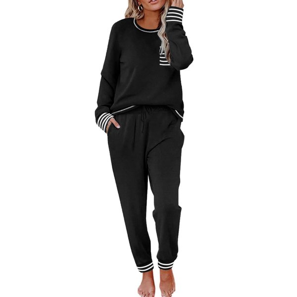 Ekouaer Women's O-Neck Pajama Set Long Sleeve Top and Pants 2 Piece Pj Loungewear(Black, Medium)