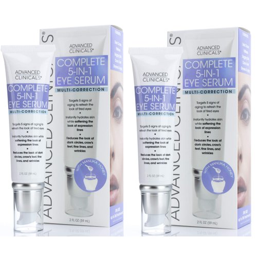 Advanced Clinicals 5-in-1 Multi Correction Anti Aging Eye Serum Lotion W/Retinol, Collagen, Vitamin C, & Manuka Honey. Reduces Appearance Of Dark Circles, Wrinkles, Crows Feet & Fine Lines, 2-Pack