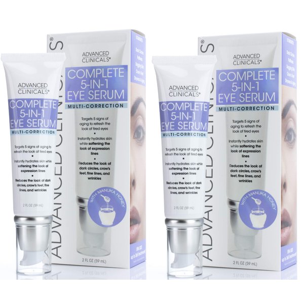 Advanced Clinicals 5-in-1 Multi Correction Anti Aging Eye Serum Lotion W/Retinol, Collagen, Vitamin C, & Manuka Honey. Reduces Appearance Of Dark Circles, Wrinkles, Crows Feet & Fine Lines, 2-Pack