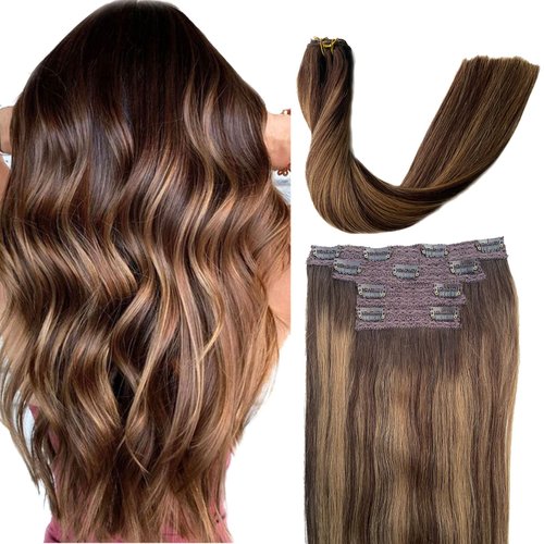 Lace Clip in Human Hair Extensions Ombre Balayage Brown Hair to Caramle Blonde Highlights Real Hair Extensions Clip ins for White Women 4 Pieces Hair Extensions Clip on Full Head 16 inch
