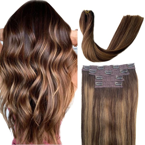 Lace Clip in Human Hair Extensions Ombre Balayage Brown Hair to Caramle Blonde Highlights Real Hair Extensions Clip ins for White Women 4 Pieces Hair Extensions Clip on Full Head 16 inch