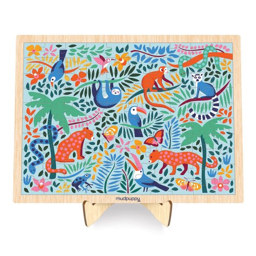 Mudpuppy’s Rainforest 100 Piece Wood Puzzle, Includes Colorful Illustrations of Your Favorite Rainforest Animals, Ages 5+, Display Stand Included, Turn Your Puzzle into Home Décor!