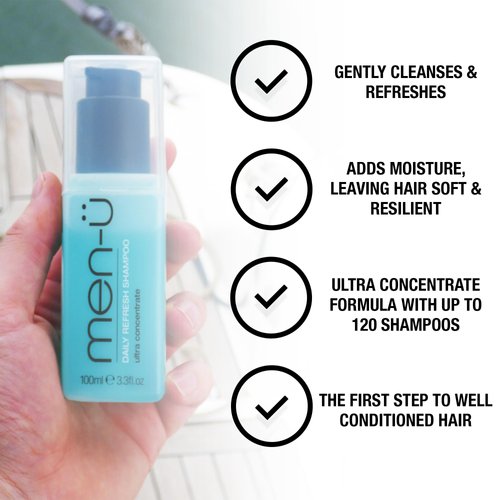 men-ü DAILY REFRESH MENS SHAMPOO, up to 120 shampoos, Ultra-concentrated Vegan shampoo for men, long lasting, gently cleanses and refreshes, Eco Friendly Shampoo 3.3oz