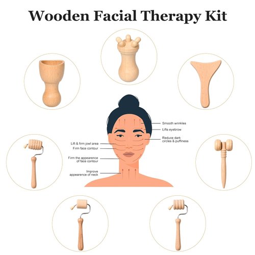 Pumwoy 7-in-1 Wooden Facial Massage Tool Set,Face Sculpting Tool Skin Care Facial Muscle Relieving,Sculpt Jawline,Roller Tool Maderoterapia Kit for Relieving Fatigue