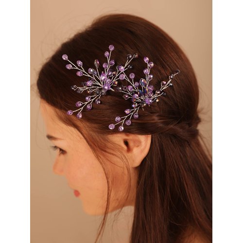 Kercisbeauty 2PCS Boho Purple Crystal Hair Pins for Women and Girls Wedding Bridal Silver Hair Piece Set (Purple)