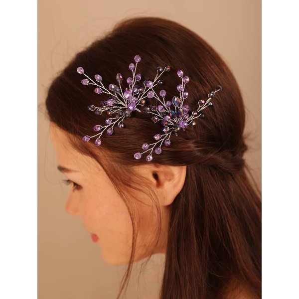 Kercisbeauty 2PCS Boho Purple Crystal Hair Pins for Women and Girls Wedding Bridal Silver Hair Piece Set (Purple)