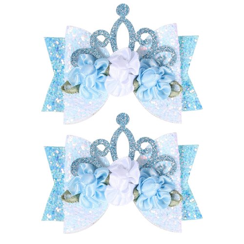 Blue Crown Hair Clips Fashin flower Hair Bows Boutique Glitter Hair Accessories for Princess Kids...