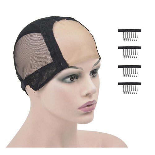 YTBYT Black 4X4 Inch U Part Swiss Lace Wig Cap With Adjustable Straps on the Back Glueless Hairnets Lace wig Cap for Making Wig（Black M）
