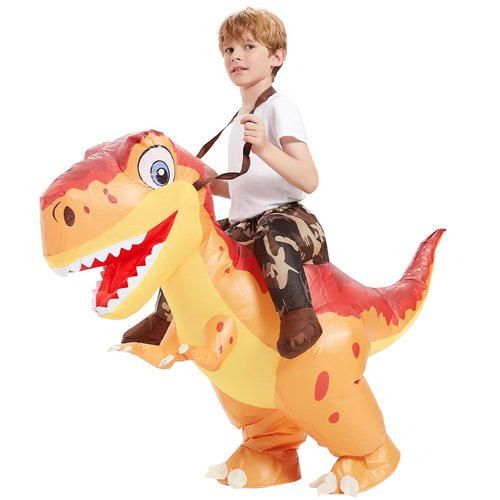 COMIN Inflatable Dinosaur Costume Kids, Ride on Funny Boys Girls Dinosaur Blow Up Orange Dino Costume for Halloween Party 7-10Y