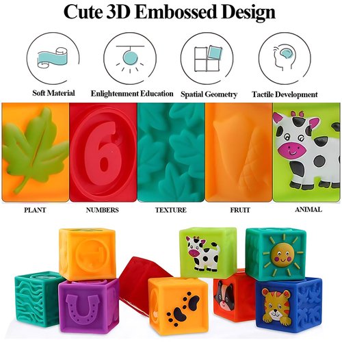Kingtree Baby Blocks, 9PCS Soft Squeeze Building Blocks Stacking Toys for 6+ Months Babies, Baby Teething Chewing Educational Blocks Set with Numbers Animals Shapes Textures
