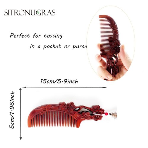 Sitronugras Hair Comb -Carved Wooden with Anti-Static & No Snag Fine Tooth Wood Comb with Design in gift box (blossom)