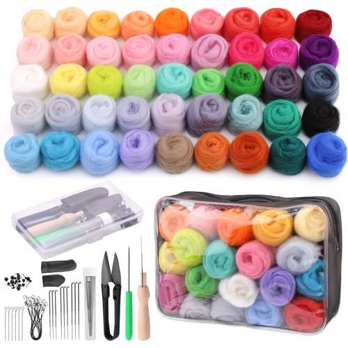 SOCNITC 45 Colors Needle Felting Kits for Beginners, Needle Felting Supplies Kits with Tools, Felt Starter Kits with Needles, Storage Bag for DIY Handcrafts Decoration