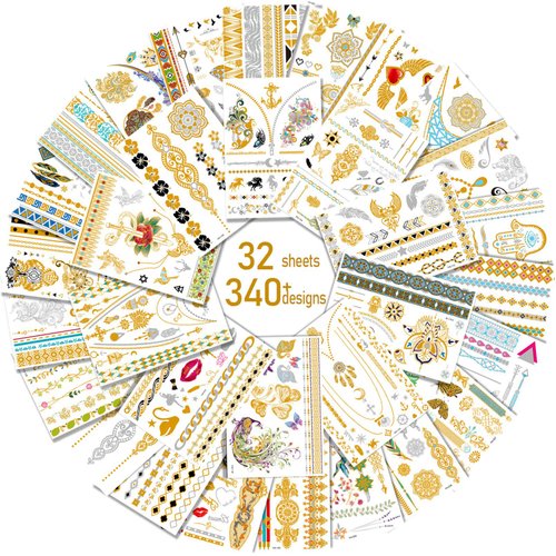Aresvns Gold tattoo metallic 32 Sheets,Over 340+ Flash temporary tattoos for women teens girls kids,Waterproof flash henna tattoos,Glitter jewelry tattoos Christmas Gift