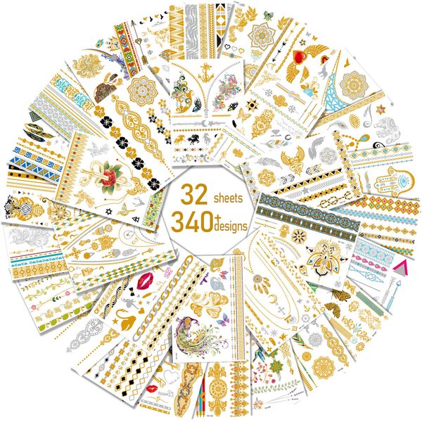 Aresvns Gold tattoo metallic 32 Sheets,Over 340+ Flash temporary tattoos for women teens girls kids,Waterproof flash henna tattoos,Glitter jewelry tattoos Christmas Gift