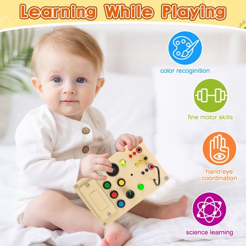 Espamig Busy Board Toddler Montessori Toys Led Light Switch Busy Board Autism Sensory Toys for Busy Toddlers Sensory Wall Panel Fidget Board Wooden Toys for Toddlers 1-3 (Pluggable Wire Busy Board)
