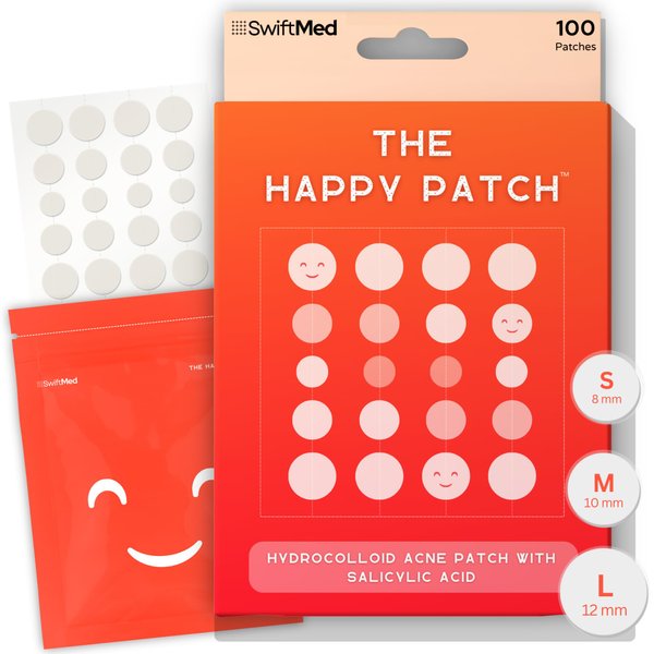 SwiftMed The Happy Patch, Invisible Hydrocolloid Pimple Patches for Face with Salicylic Acid, (100-Dots), Skin Care Acne Treatment for Face, Clear Pimple Patch Acne spot Treatment for Cystic Acne