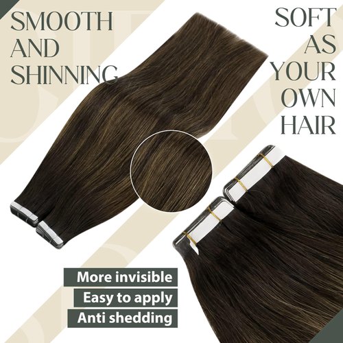 Sunny Hair Tape in Extensions Straight Skin Weft Tape in Hair Extensions Invisible Tape in Hair Extensions Human Hair 20Pcs Hair Extensions Real Human Hair Darkest Brown Balayage Medium Brown 20inch