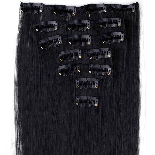 Black Hair Extensions, 24"/60cm 130g 7pcs/set Women Long Straight Synthetic Hair Full Head Clip in Hair Extensions Pieces (1# Jet Black)