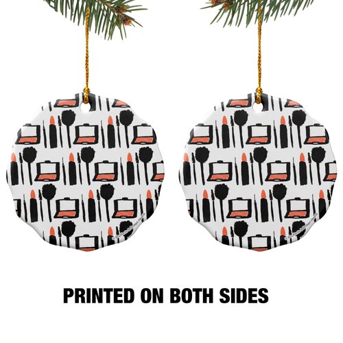 GRAPHICS & MORE Makeup Lipstick Compact Eyeshadow Mascara Drawing Porcelain Scalloped Holiday Christmas Tree Ornament - 2.8" (7.1 cm)