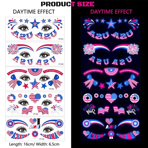 10Sheets 4th of July Glitter Face Temporary Tattoo Stickers Independence Day Glow in The Dark Red White Blue USA Flag Star Heart Eye Body Makeup Decals for Women Girls Costume Parade Party Decor